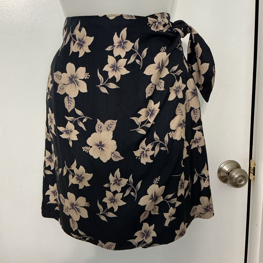 Black Floral Wrap Shorts/Skort with Beige Flower Print